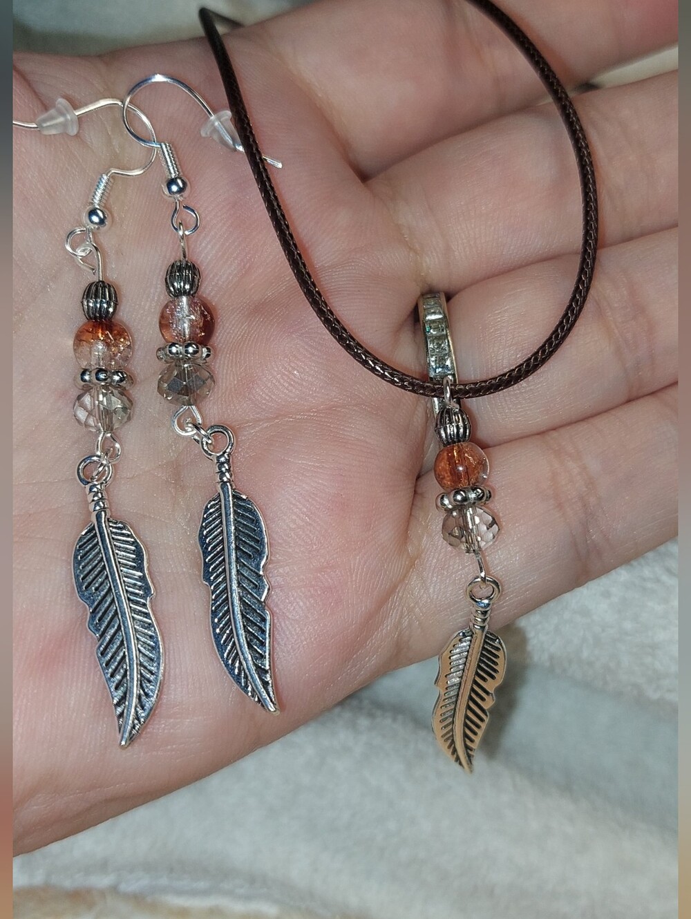 Handmade Boho Feather Necklace And Earrings Set.